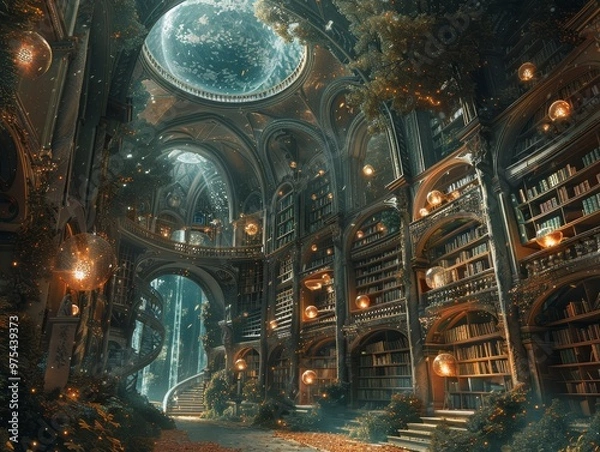 Fototapeta A grand, mystical library filled with bookshelves and glowing lanterns. The ceiling features a large, luminous orb.