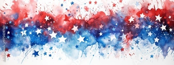Fototapeta Watercolor splashes in red and blue colors with stars. USA national holiday concept background.