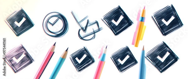 Obraz A set of modern illustration symbols that represent check boxes, exam marks, and checklist marks. Sketches of check signs, voting agreement checklist marks, and examination tasks.
