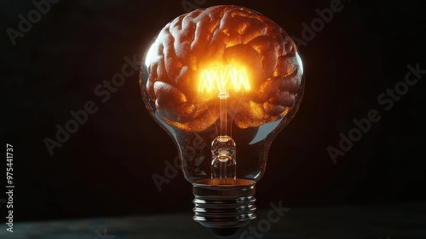 Fototapeta photorealistic, brain combined with lit lighting bulb, octane render, isolated on black