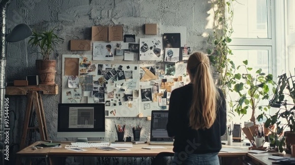 Fototapeta High-definition capture of a creative studio space, designers at work, mood board visible, 50 keywords