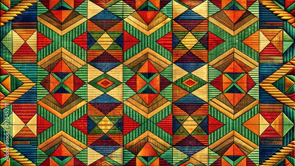 Fototapeta Seamless dynamic geometric design with vibrant colors and intricate tribal patterns in a rich tapestry style