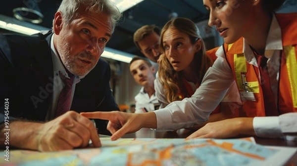 Fototapeta A group of emergency management professionals in a meeting room, discussing a crisis situation, with one person pointing at a map with a look of determination.