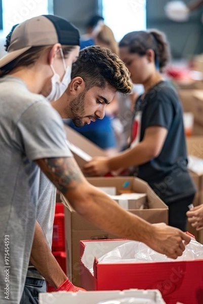 Fototapeta A group of volunteers packing emergency relief kits, their faces showing a mix of urgency and compassion as they prepare for disaster response.