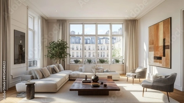 Fototapeta A spacious living room with large windows overlooking a cityscape. The room is furnished with a white sectional sofa, a coffee table, two armchairs, and a plant