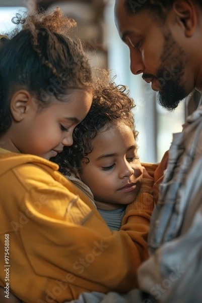 Fototapeta A social worker comforting a family in an emergency shelter, with a caring and empathetic expression, as they discuss their next steps.