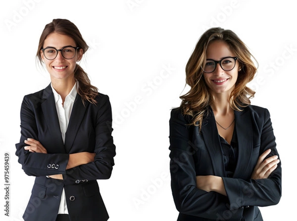 Fototapeta Business woman wearing glasses and smiling with arms crossed isolated on a transparent PNG background, white background , cut out, clipping path, Generative Ai