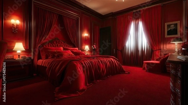 Fototapeta Luxurious red bedroom with red silk bedding, red curtains, and deep red carpeting.