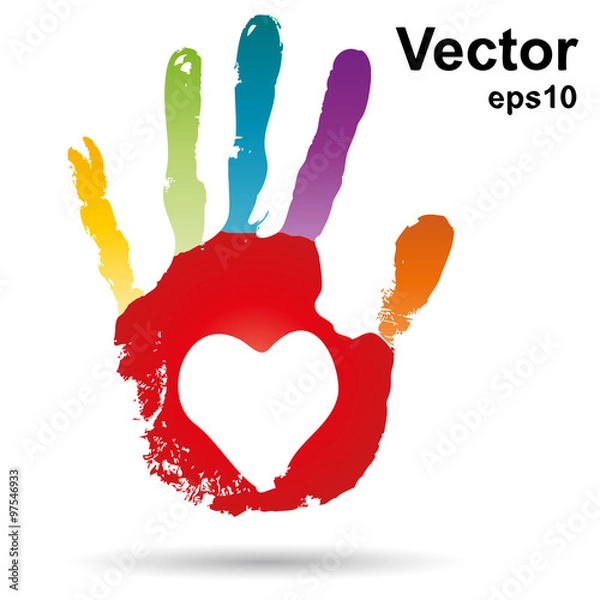Fototapeta Vector onceptual children painted hand print and heart isolated