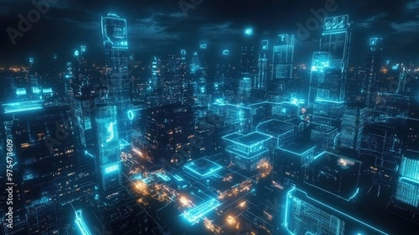 Fototapeta Futuristic cityscape with glowing neon lights and digital outlines.