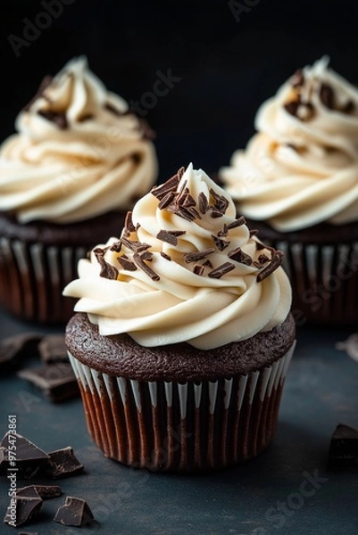 Fototapeta Chocolate cupcakes with cream frosting 