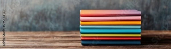 Fototapeta A vibrant stack of colorful notebooks neatly arranged on a rustic wooden table, perfect for creative inspiration and study sessions.
