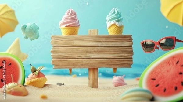 Fototapeta Blank wooden sign with summer beach scene, ice cream cones, watermelon slices, and sunglasses.