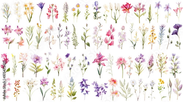 Fototapeta Set of watercolor wildflowers painting isolated on clear png background and transparent background. Fresh and nature concept for nature decorative and flower element, AI generative.	