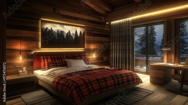 Fototapeta Cozy bedroom with a wooden wall, a large bed with red and black plaid bedding, and a window overlooking a snowy forest.