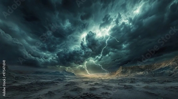Fototapeta A stormy sky filled with dark clouds and lightning striking a barren landscape