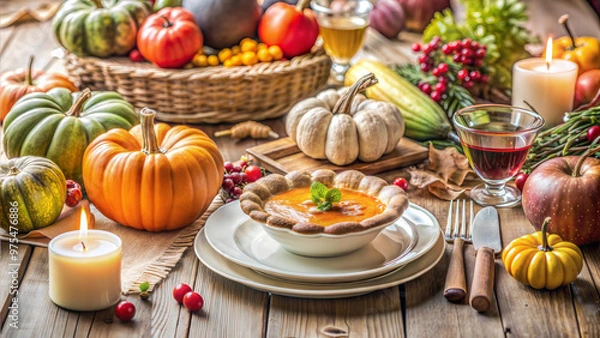 Fototapeta Festive Thanksgiving Table with Pumpkins, Soup, and Candles, Cozy Autumn Meal