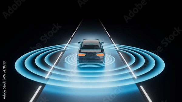 Fototapeta Advanced Driver Assistance Systems (ADAS) 3D rendering visualization.sensor and camera systems of autonomous car, driverless vehicle.  3D illustration. infotaintment HMI automotive future
