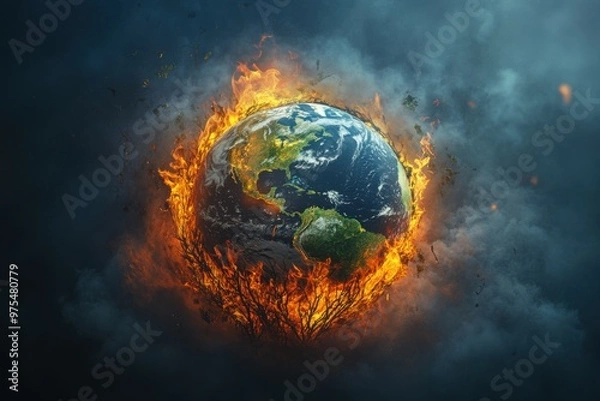 Fototapeta A globe surrounded by flames and cracks, symbolizing the impact of climate change and global warming, with smoke rising from deforested areas and melting ice caps 