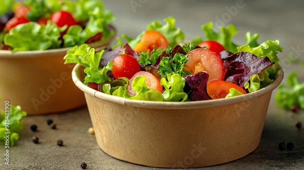 Fototapeta Two bowls of fresh salad with lettuce, tomatoes, and parsley.  Take away food