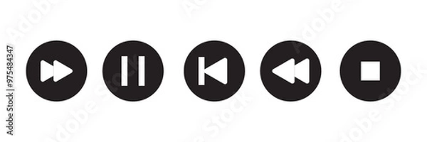 Fototapeta Music player icon set with play, pause, next, previous like and settings symbol in black and white color stroke style. Media Player Buttons icon set, Play and pause buttons sign, Video Audio Player. 