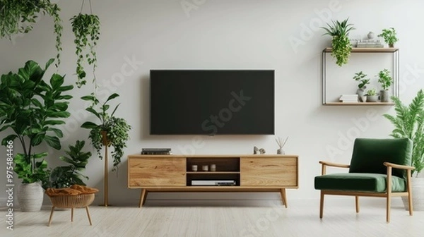 Fototapeta Minimalist living room with a flat screen TV, a wooden TV stand, and a green velvet armchair.