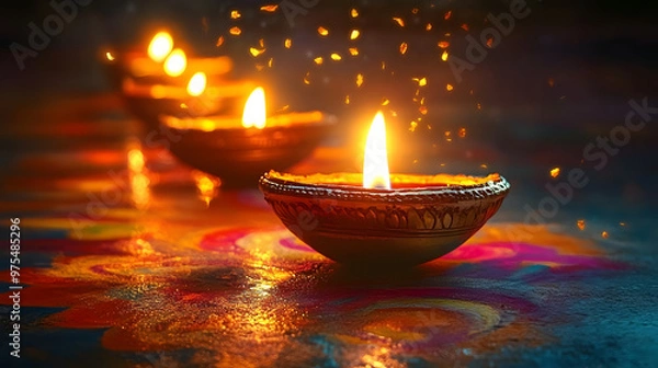 Obraz Oil lamps lit on colorful rangoli during diwali celebration, copy-space with generative ai