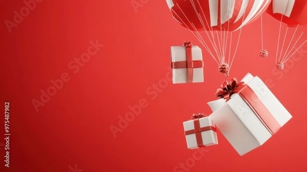 Obraz A Box flying on a parachute on red background,vector illustration of package flying down from sky and cloud with parachute,concept for delivery service,shopping online,air delivery service.