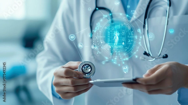 Fototapeta A doctor reviewing patient data on a tablet with advanced digital health interfaces and using a stethoscope, showcasing futuristic healthcare technology and real-time health monitoring.