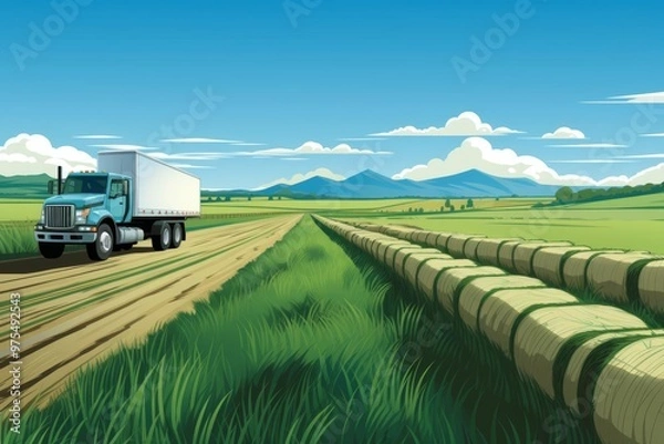 Fototapeta A sod farm with rolls of grass ready for landscaping, a truck loading in the background in this commercial illustration
