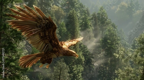 Obraz A majestic eagle soars through a misty forest, its wings outstretched against a backdrop of lush green trees.