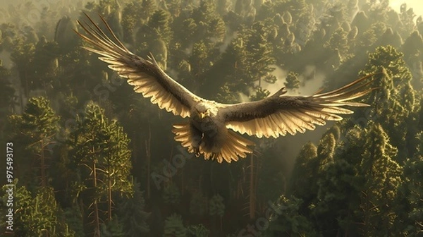 Obraz An eagle in flight against a backdrop of a forest and golden light.