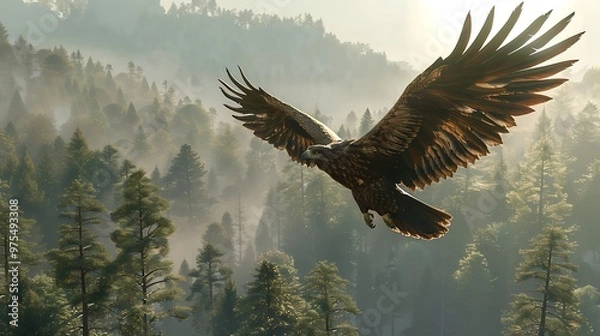 Obraz A majestic eagle soars through a misty forest, wings outstretched.