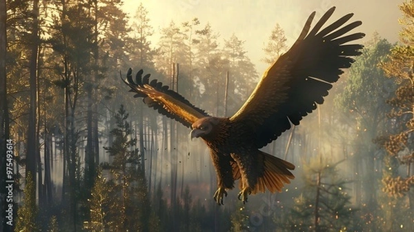 Obraz Golden eagle soaring through a sunlit forest.