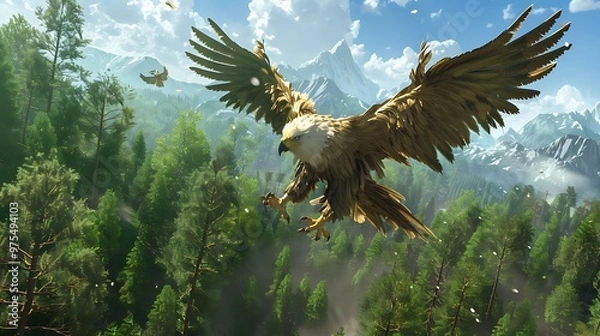 Obraz A majestic eagle soars through the sky above a lush forest.