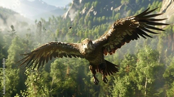 Obraz A majestic eagle soars through a lush forest, its wings spread wide.