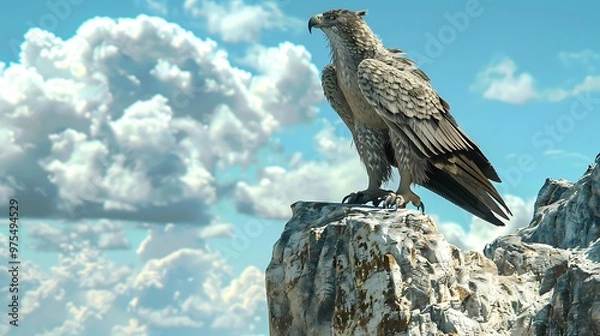 Obraz A powerful eagle perched on a rocky cliff against a backdrop of fluffy clouds and a clear blue sky.