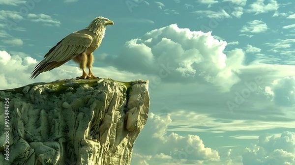 Obraz A majestic eagle perched on a cliff, looking out at the vast, cloudy sky.