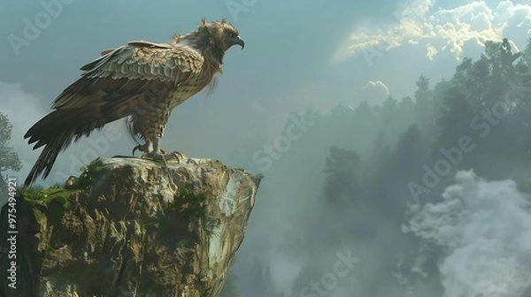 Obraz A majestic eagle perches on a rocky cliff overlooking a misty forest.