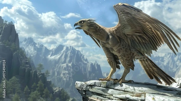 Obraz A majestic eagle perches on a cliff with a mountain range in the background.