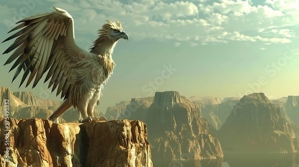 Obraz A majestic griffin stands on a cliff overlooking a vast canyon landscape.
