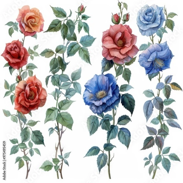 Fototapeta watercolor clipart of Classic and romantic blooms in various colors, climbing up trellises or walls with grace on white background