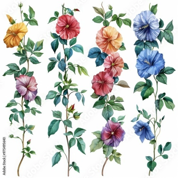 Fototapeta watercolor clipart of Classic and romantic blooms in various colors, climbing up trellises or walls with grace on white background 