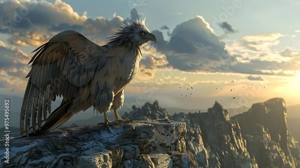 Fototapeta A majestic white griffin perched on a mountain cliff at sunset, with a flock of birds flying in the distance.