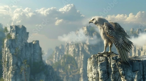 Fototapeta A majestic eagle perched on a mountain peak with a breathtaking view of the clouds and mountains.