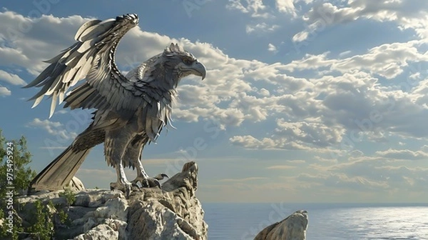 Obraz A silver griffin with wings spread stands on a cliff overlooking the sea.