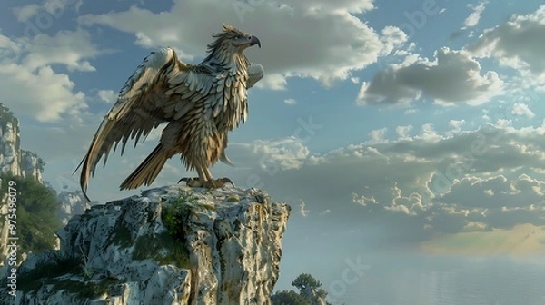 Obraz A majestic, white feathered griffin perches on a clifftop overlooking the ocean and clouds.