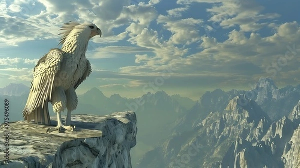 Obraz A majestic white eagle perched on a cliff overlooking a vast mountain range.