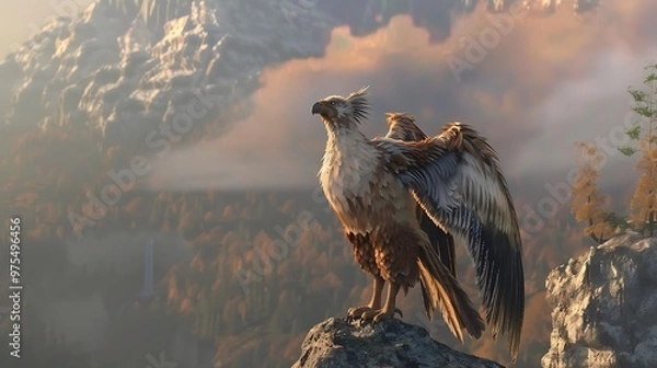 Obraz A majestic griffin perched on a cliff overlooking a foggy mountain range.