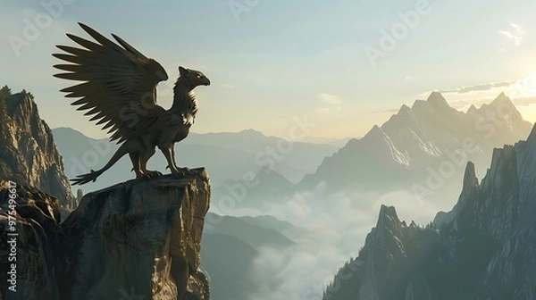 Fototapeta A griffin stands on a cliff overlooking a vast mountain range with fog and clouds.